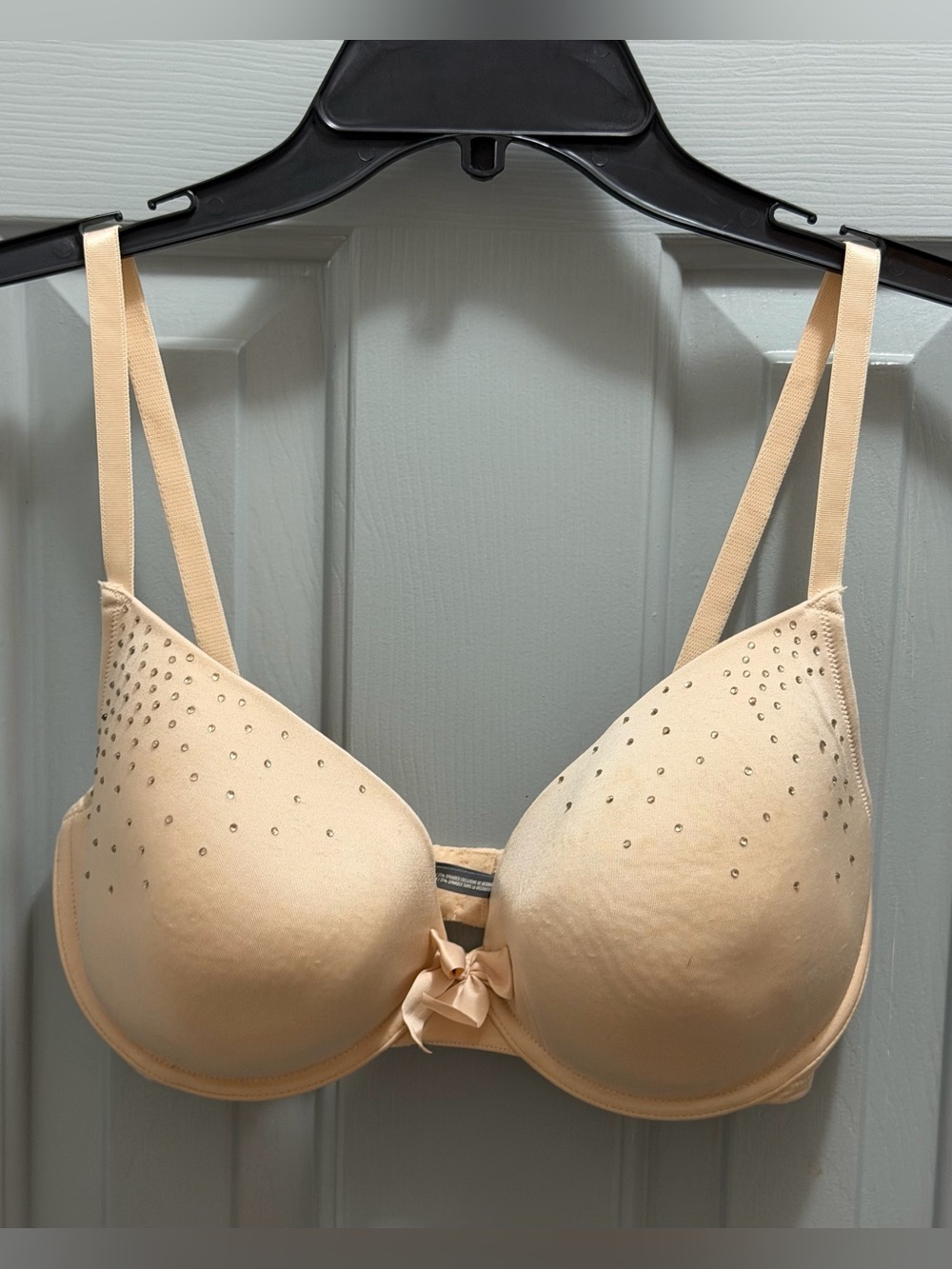 Aerie Light Beige Bow Ribbon Rhinestones Bling Bra 34DD Underwire Padded